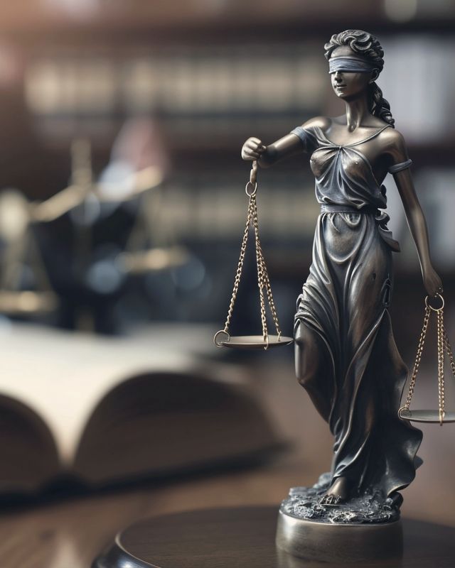 Lady Justice statue on an attorney's desk